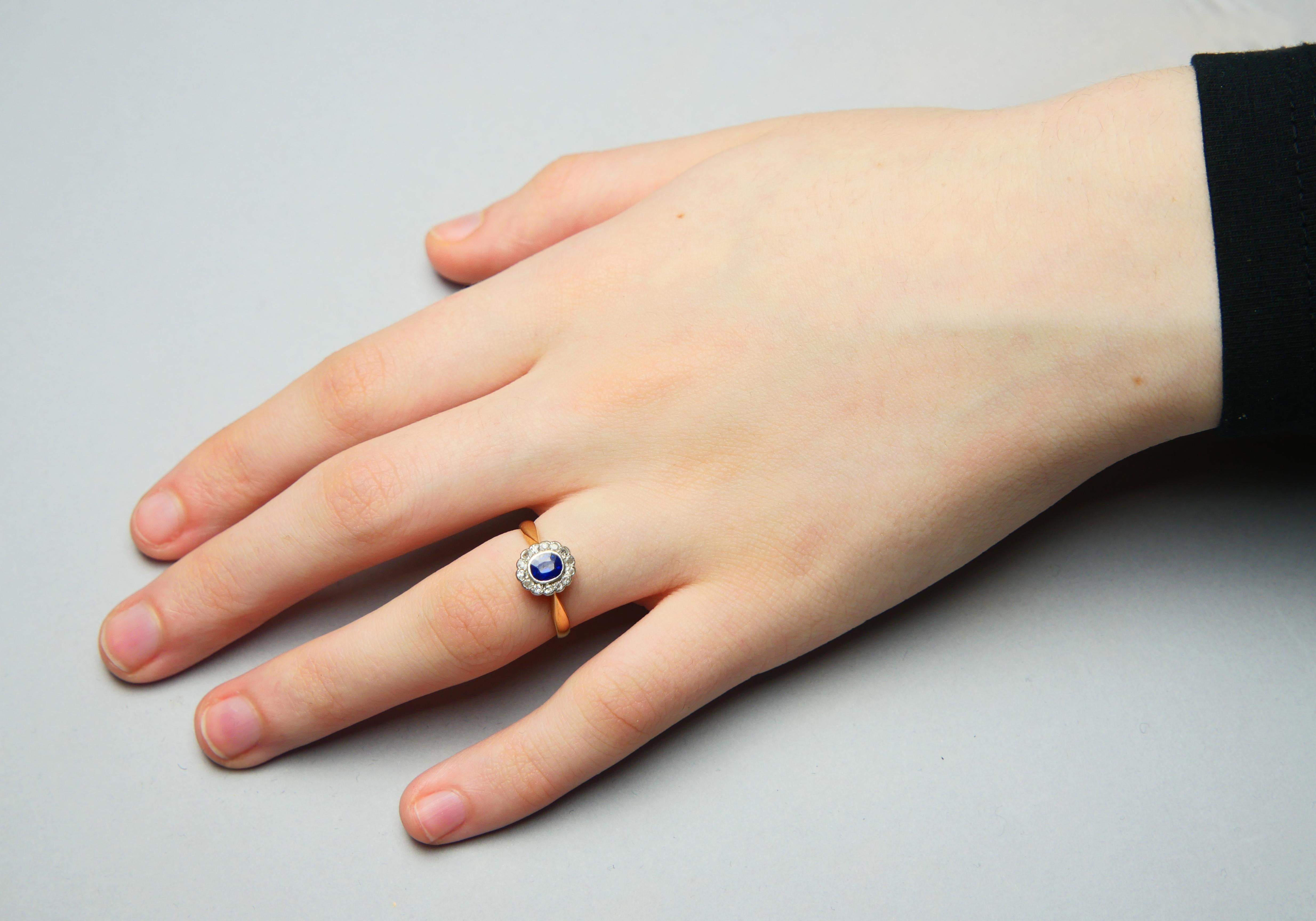 Old German Ring natural 0.6ct Sapphire Diamonds solid 18K Gold Platinum ØUS 6.25 For Sale 3