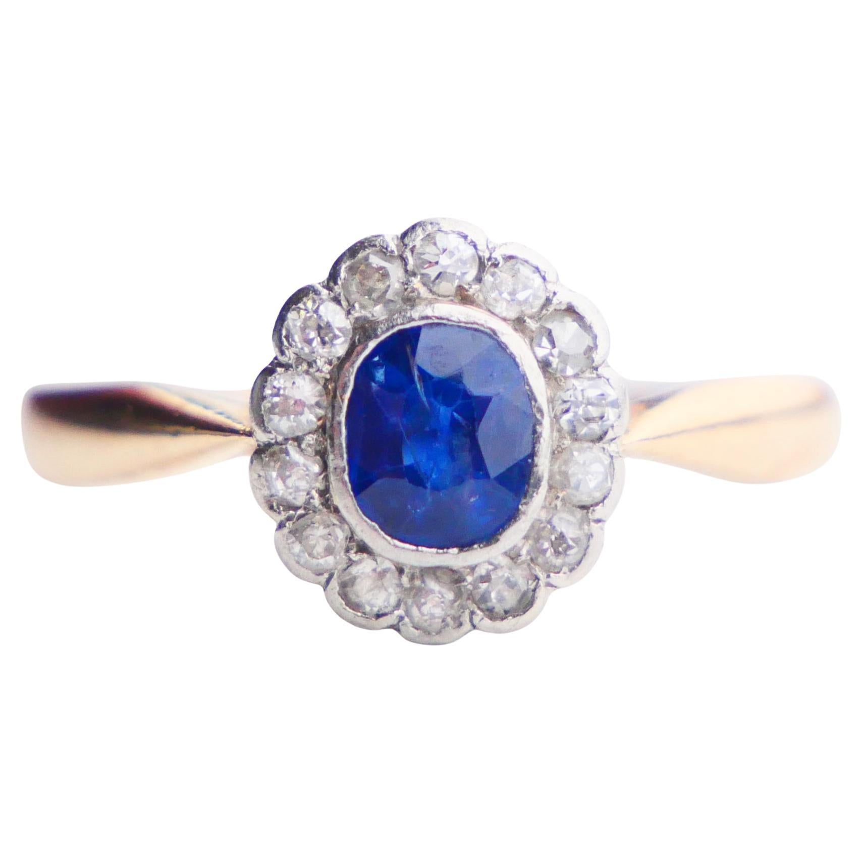 Old German Ring natural 0.6ct Sapphire Diamonds solid 18K Gold Platinum ØUS 6.25
