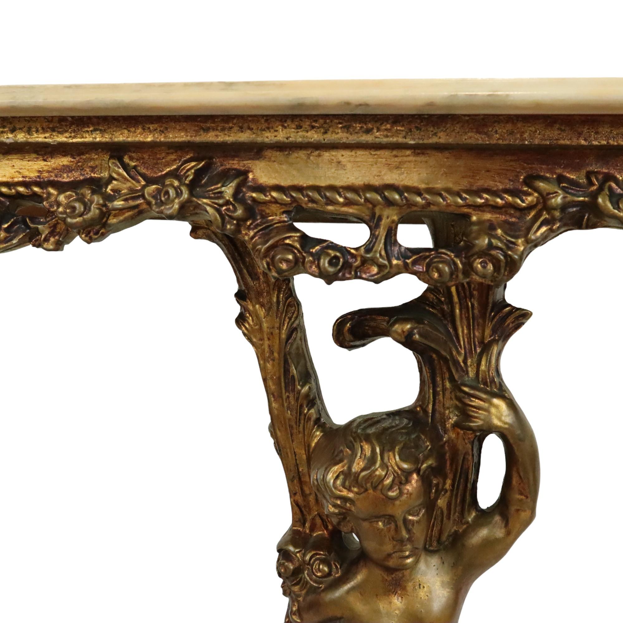 Old Gilded Console with Cherub Marble Hollywood Regency For Sale 3