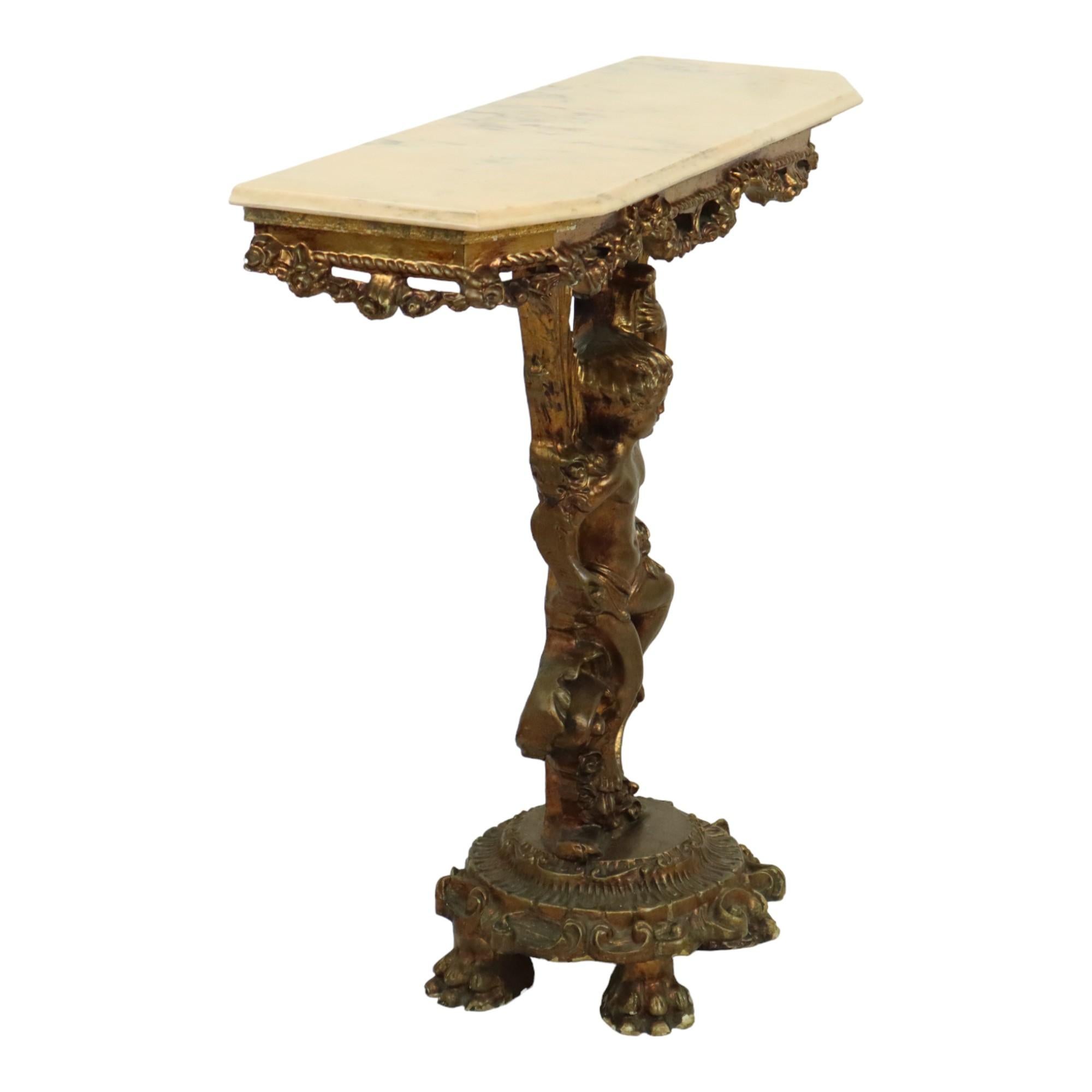 Old Gilded Console with Cherub Marble Hollywood Regency For Sale 5