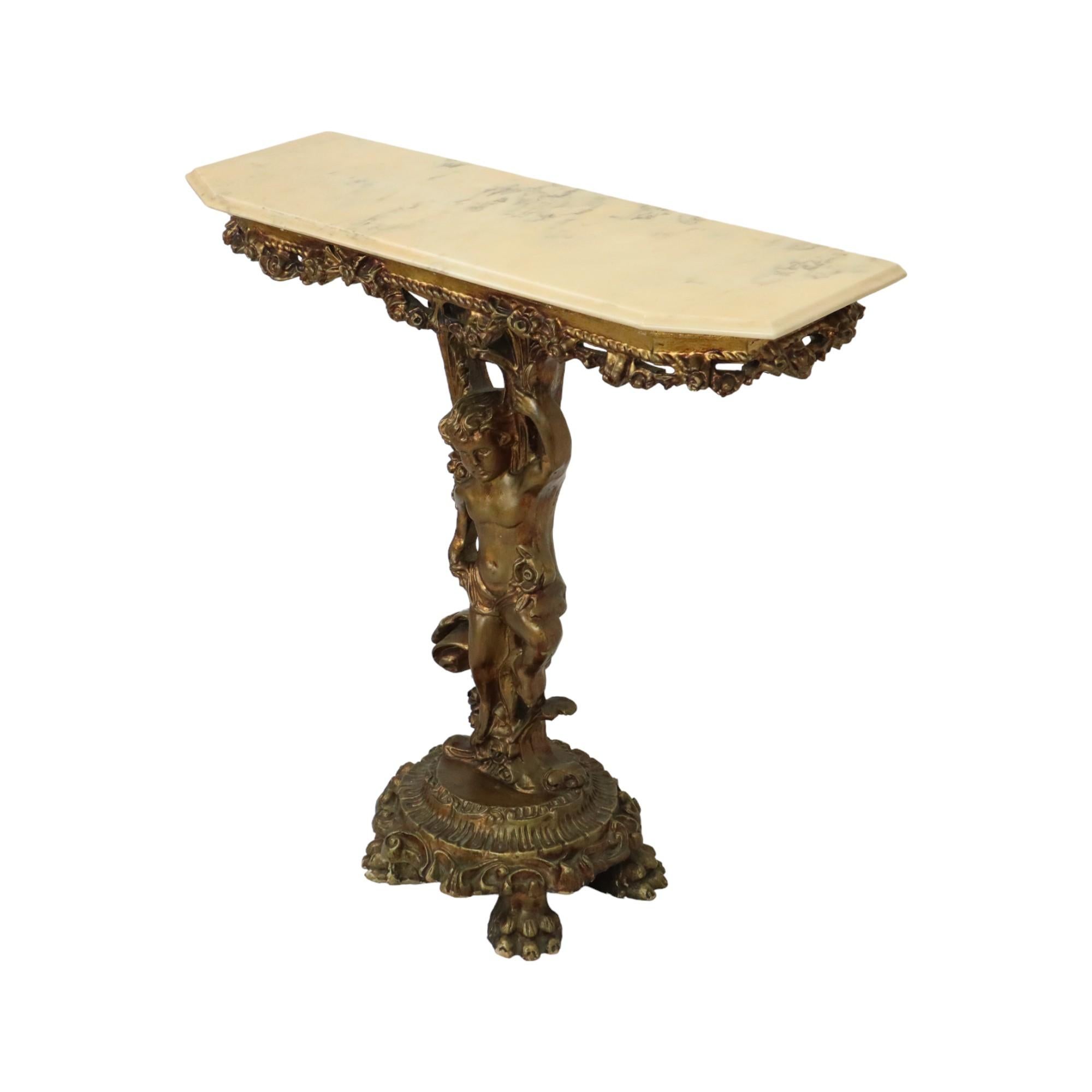 Baroque Old Gilded Console with Cherub Marble Hollywood Regency For Sale
