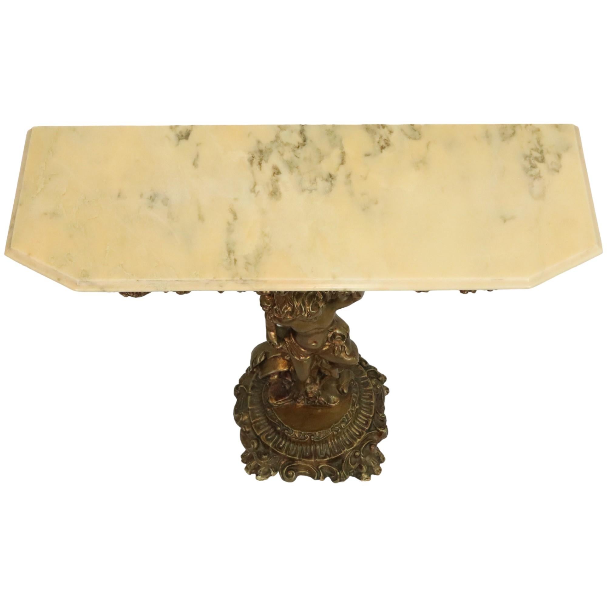European Old Gilded Console with Cherub Marble Hollywood Regency For Sale