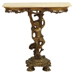 Consola Antigua Dorada con Querubín de Mármol Hollywood Regency