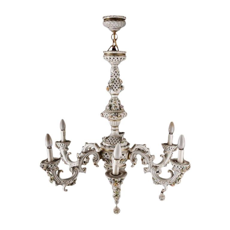 Old Glorious Porcelain Chandelier, German, Mid-20th Century For Sale