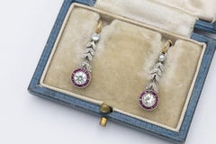 Old gold and platinum earrings with diamonds and synthetic rubies, Netherlands