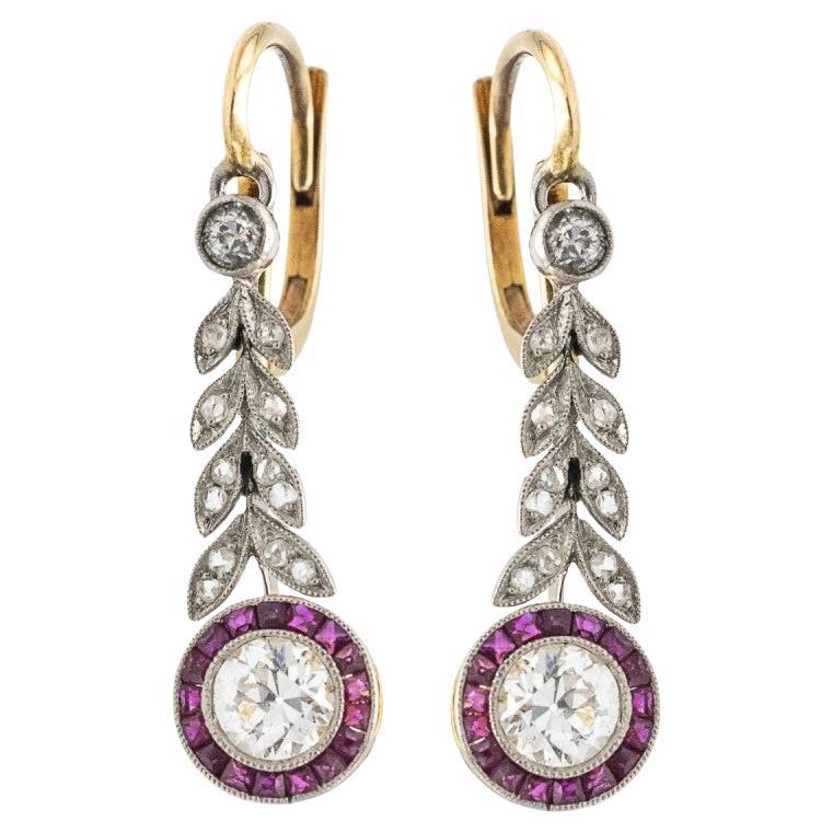 Old gold and platinum earrings with diamonds and synthetic rubies, Netherlands