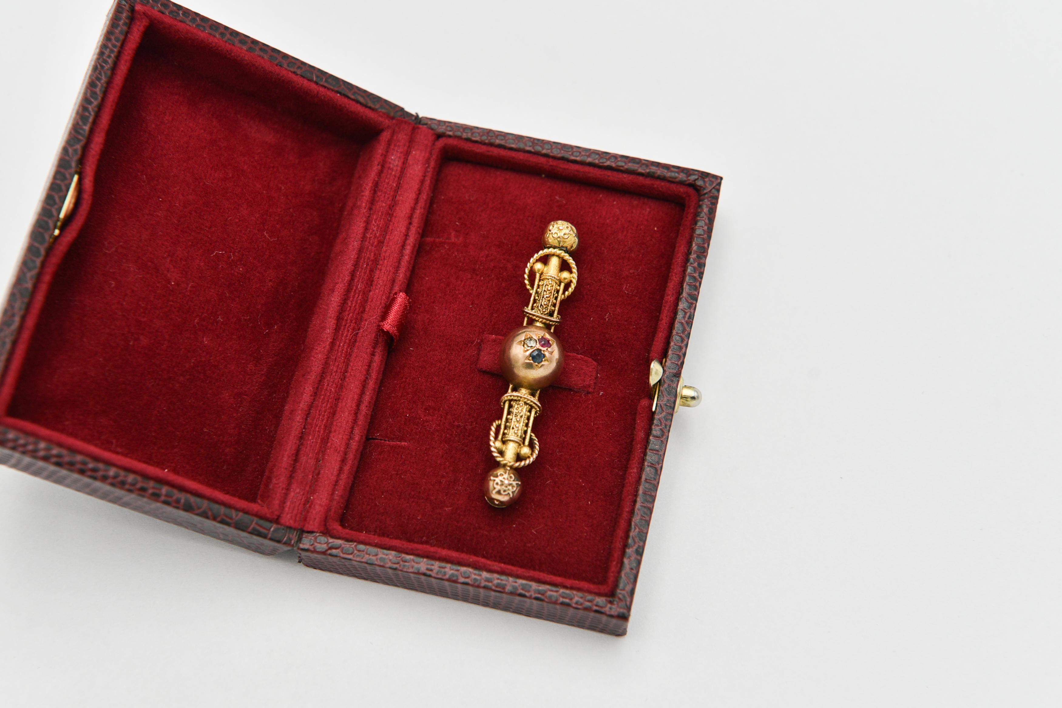 Old European Cut Old gold brooch with diamond, ruby and sapphire, late 19th century For Sale