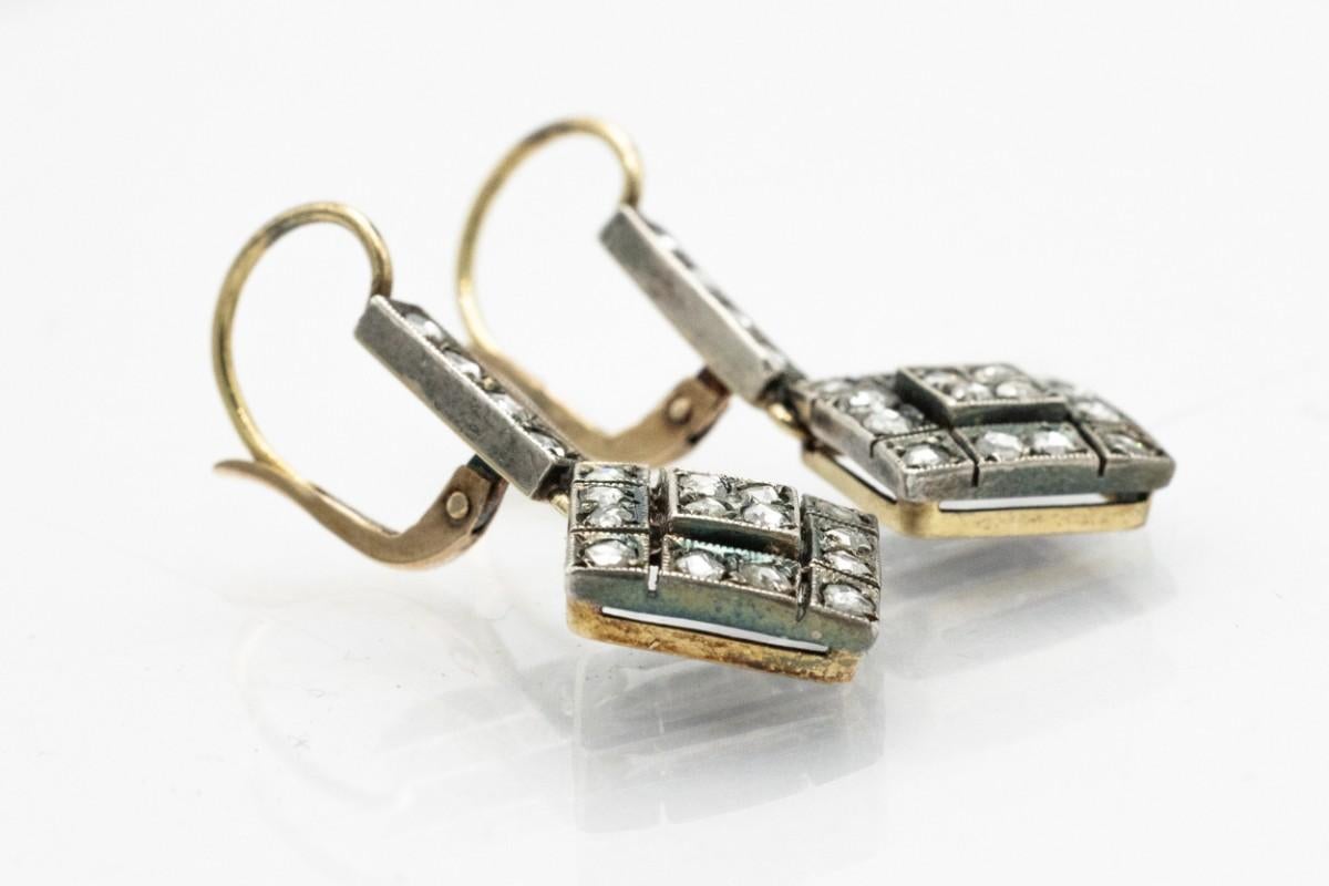 Art Deco Old gold earrings studded with old-cut diamonds, Scandinavia, circa 1900. For Sale