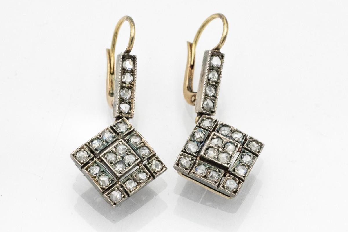 Rose Cut Old gold earrings studded with old-cut diamonds, Scandinavia, circa 1900. For Sale