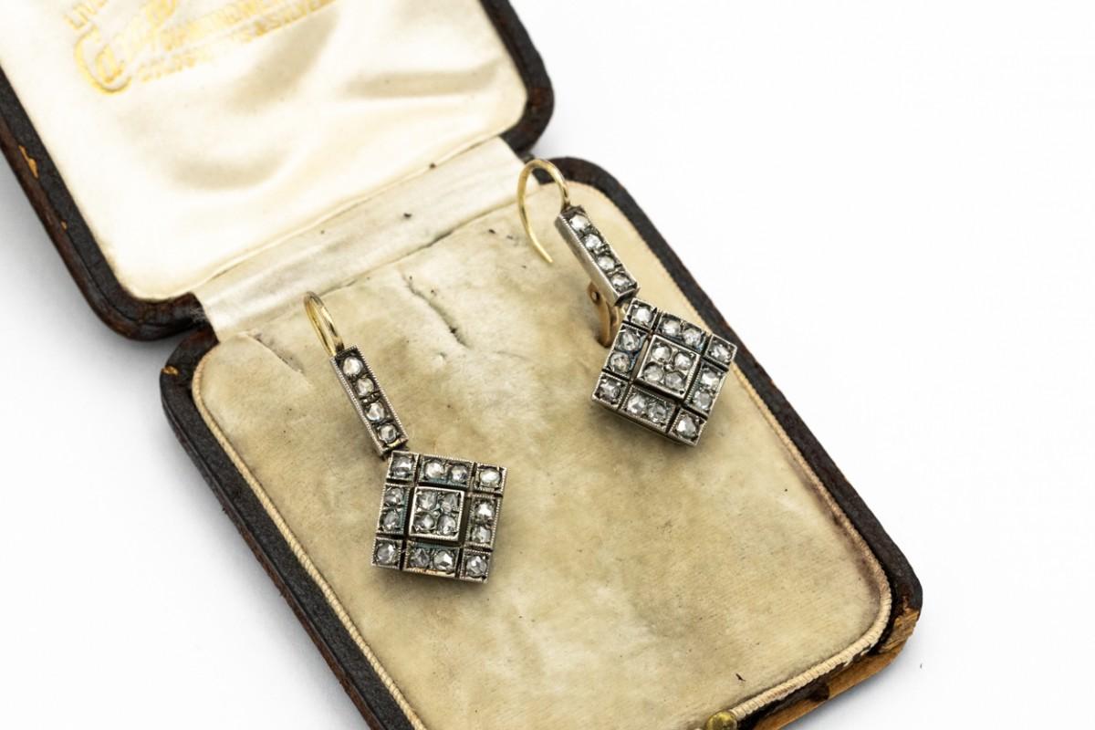 Women's Old gold earrings studded with old-cut diamonds, Scandinavia, circa 1900. For Sale