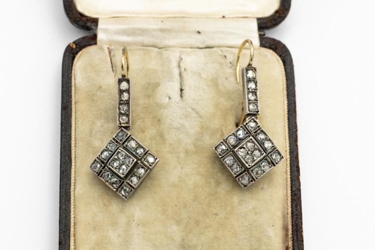 Old gold earrings studded with old-cut diamonds, Scandinavia, circa 1900. For Sale 1