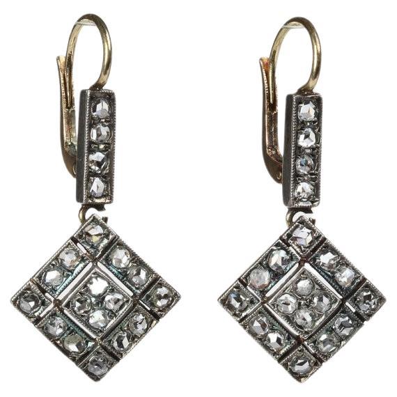 Old gold earrings studded with old-cut diamonds, Scandinavia, circa 1900. For Sale