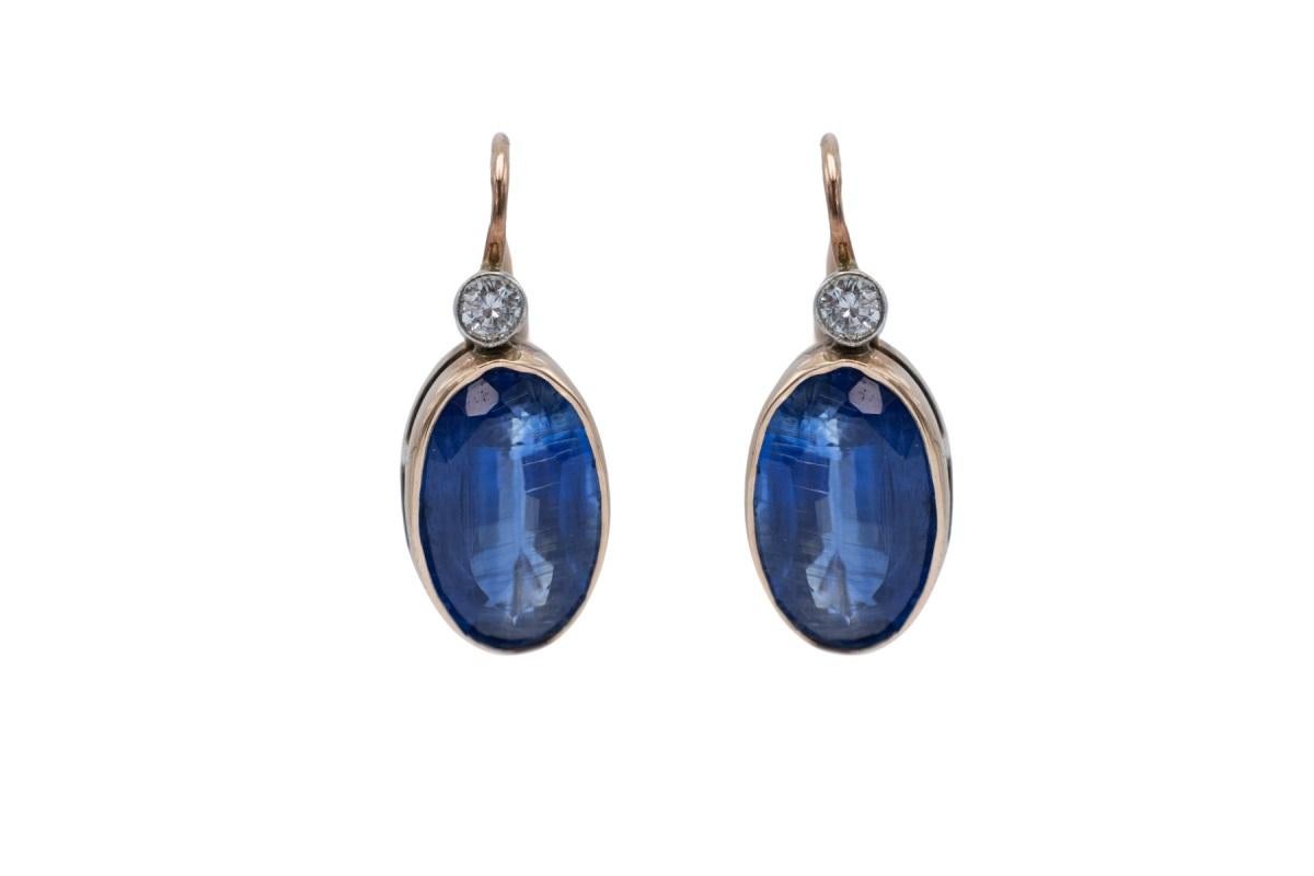 Old European Cut Old gold earrings with diamonds and kyanite, mid 20th century. For Sale