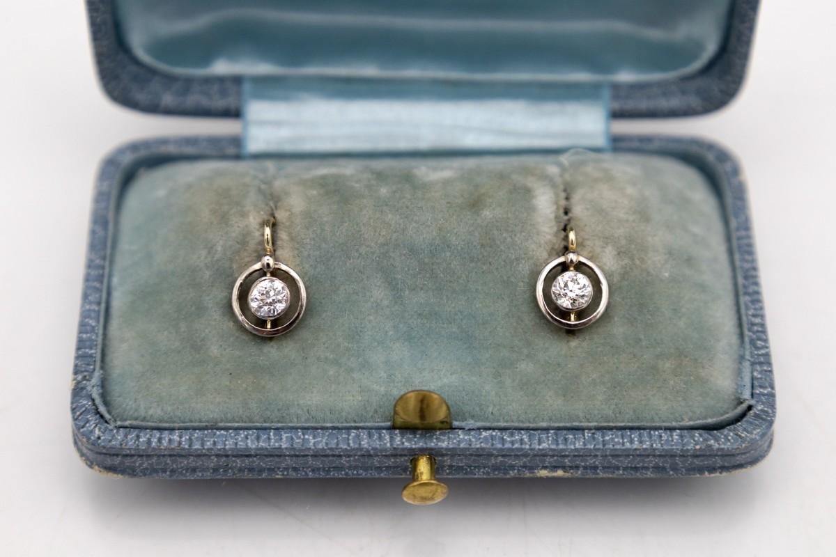 Old gold earrings with diamonds, early 20th century. In Good Condition For Sale In Chorzów, PL