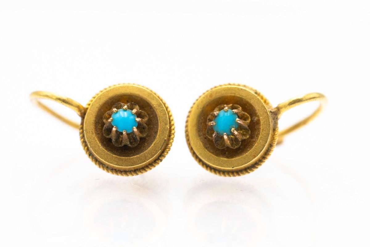 Boucles d'oreilles en or ancien avec turquoises, Autriche-Hongrie, 1872-1922. Pour femmes en vente