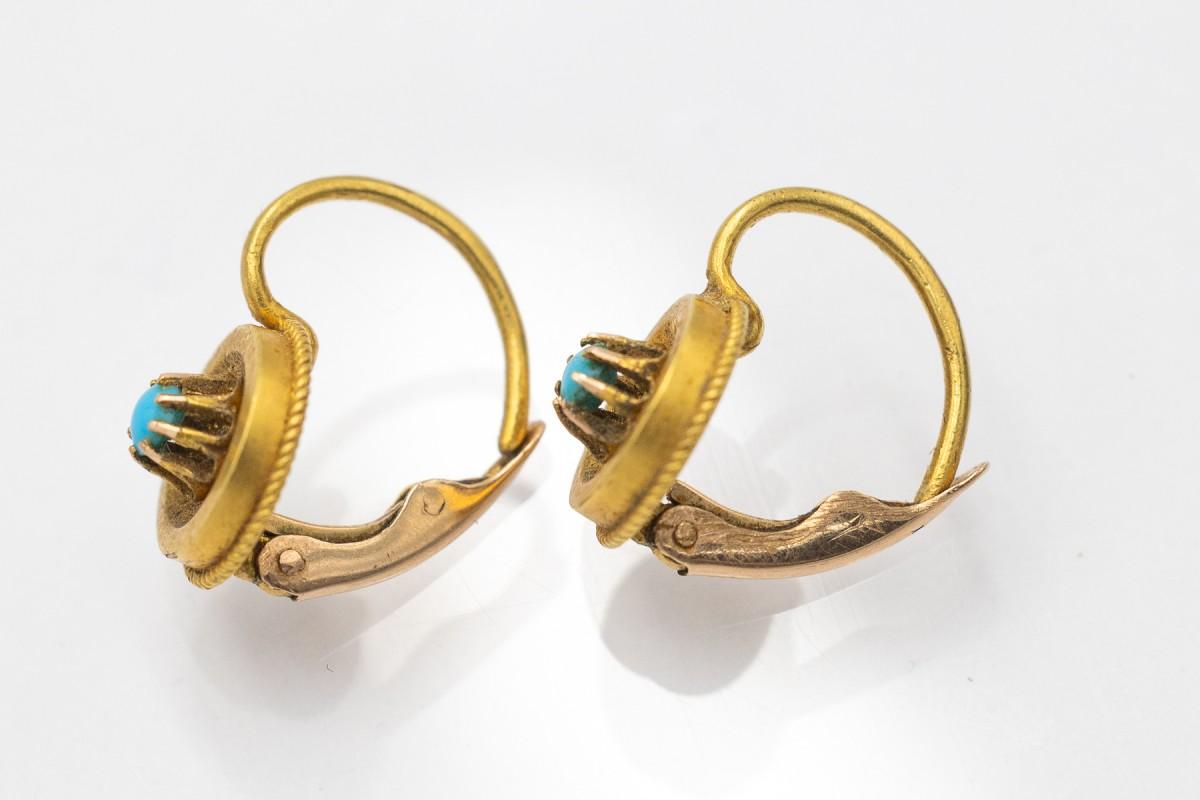 Boucles d'oreilles en or ancien avec turquoises, Autriche-Hongrie, 1872-1922. en vente 1