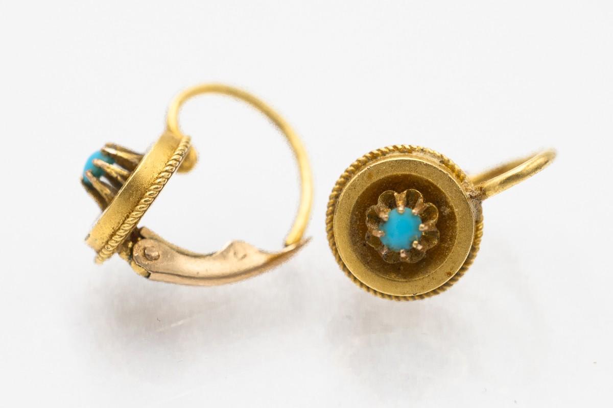 Boucles d'oreilles en or ancien avec turquoises, Autriche-Hongrie, 1872-1922. en vente 2