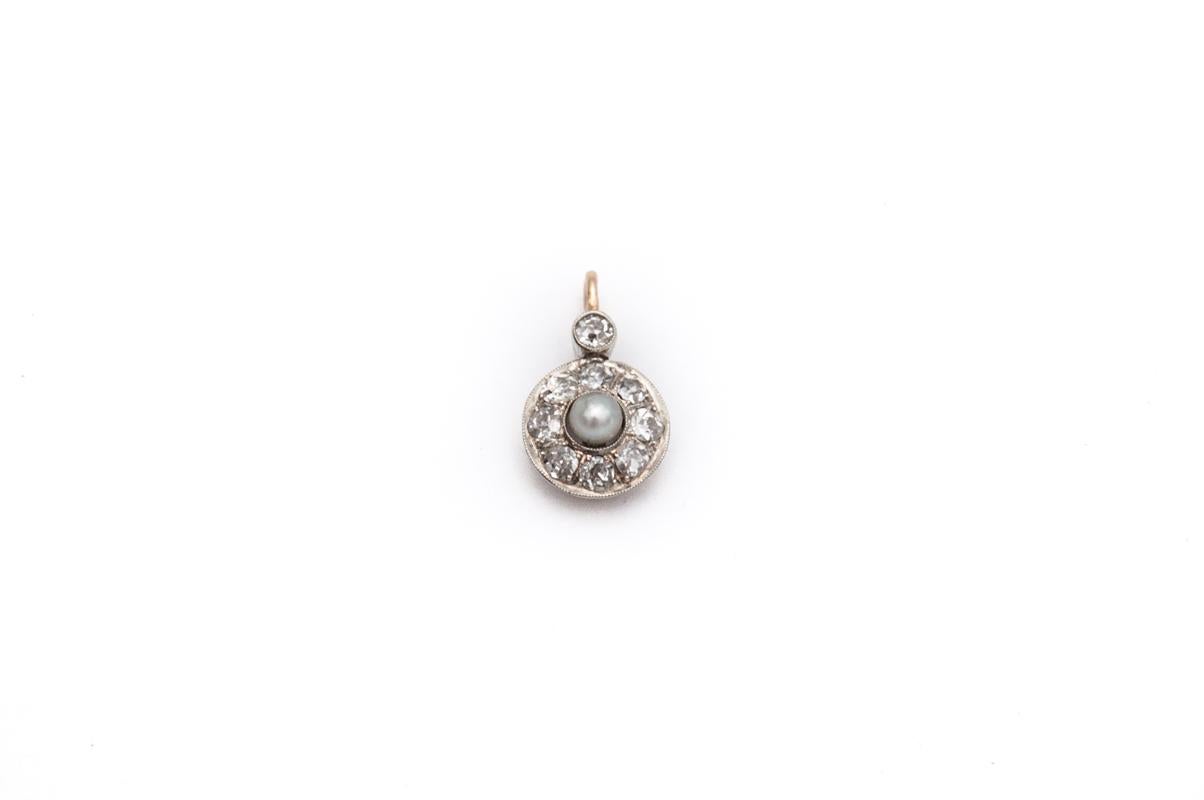 Art Nouveau Old gold pendant with pearl and diamonds 0.50 ct, Austria-Hungary, circa 1920. For Sale