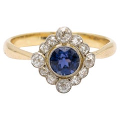 Bague en or ancien avec diamants taille ancienne de 0,30 ct et saphir bleu-violet, Royaume-Uni, années 1940