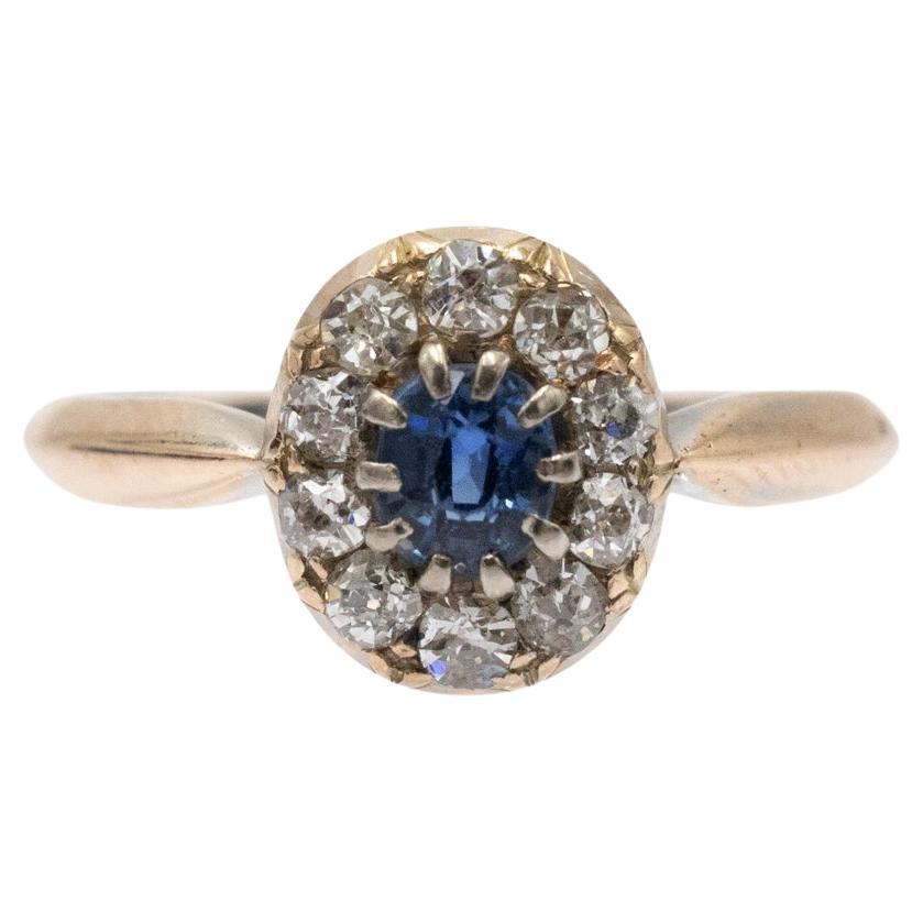 Old gold ring with sapphire and diamonds, mid-20th century For Sale