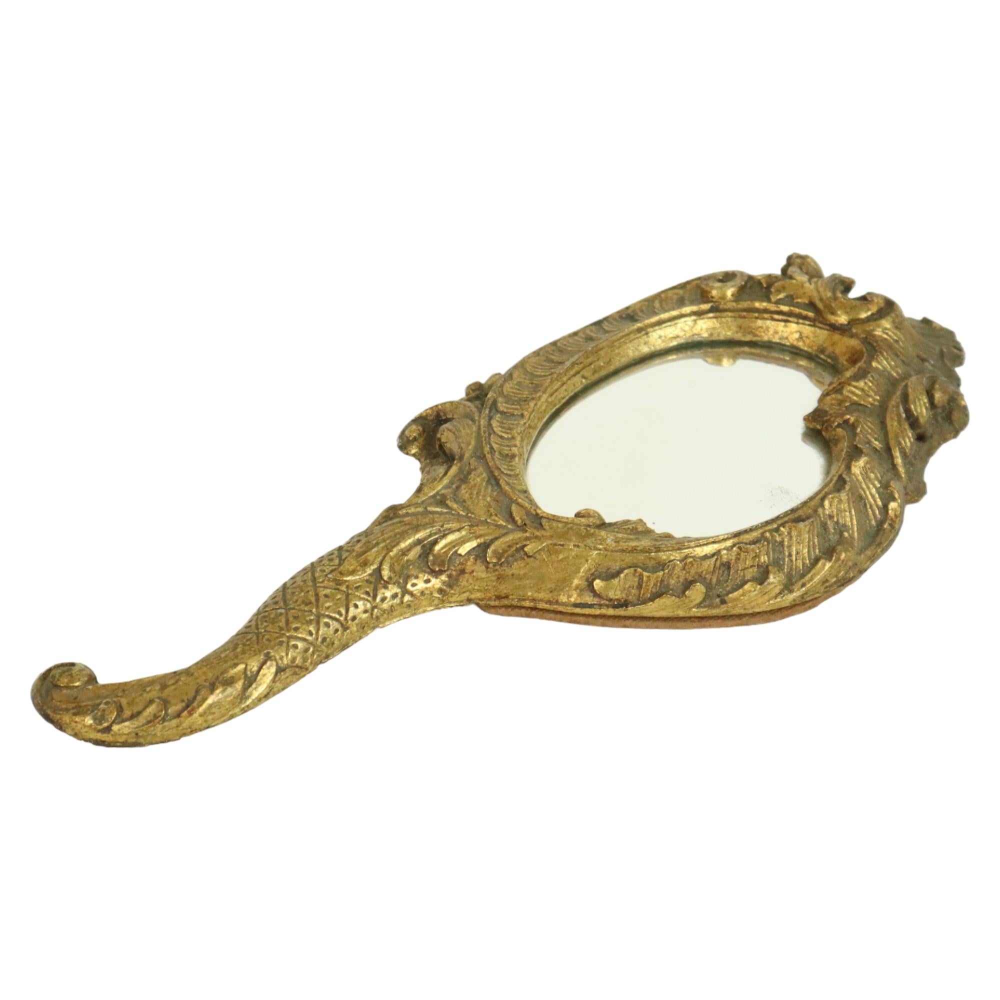 Mid-20th Century Old Golden Hand Mirror Make Up Mirror Classic Baroque Style For Sale