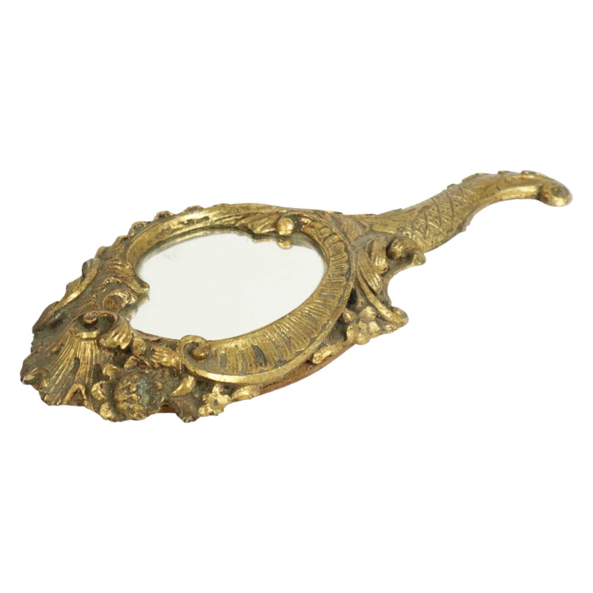 Old Golden Hand Mirror Make Up Mirror Classic Baroque Style For Sale 1