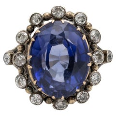 Old golden ring with synthetic sapphire and diamonds, Poland, I half of XX centu