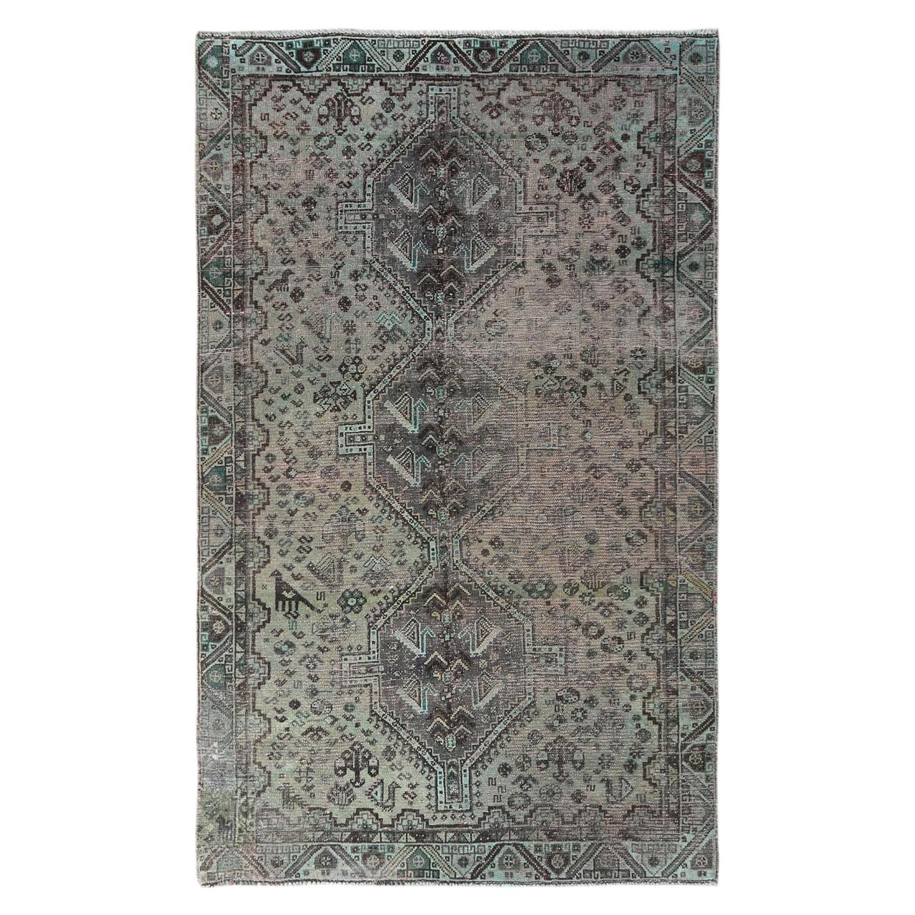 Old Gray Persian Shiraz with Triple Medallion Worn Down Hand Knotted Wool Rug For Sale