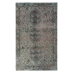 Old Gray Persian Shiraz with Triple Medallion Worn Down Hand Knotted Wool Rug