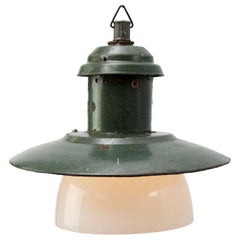 Old Green Enamel Vintage Industrial Opaline Glass Pendant Lights
