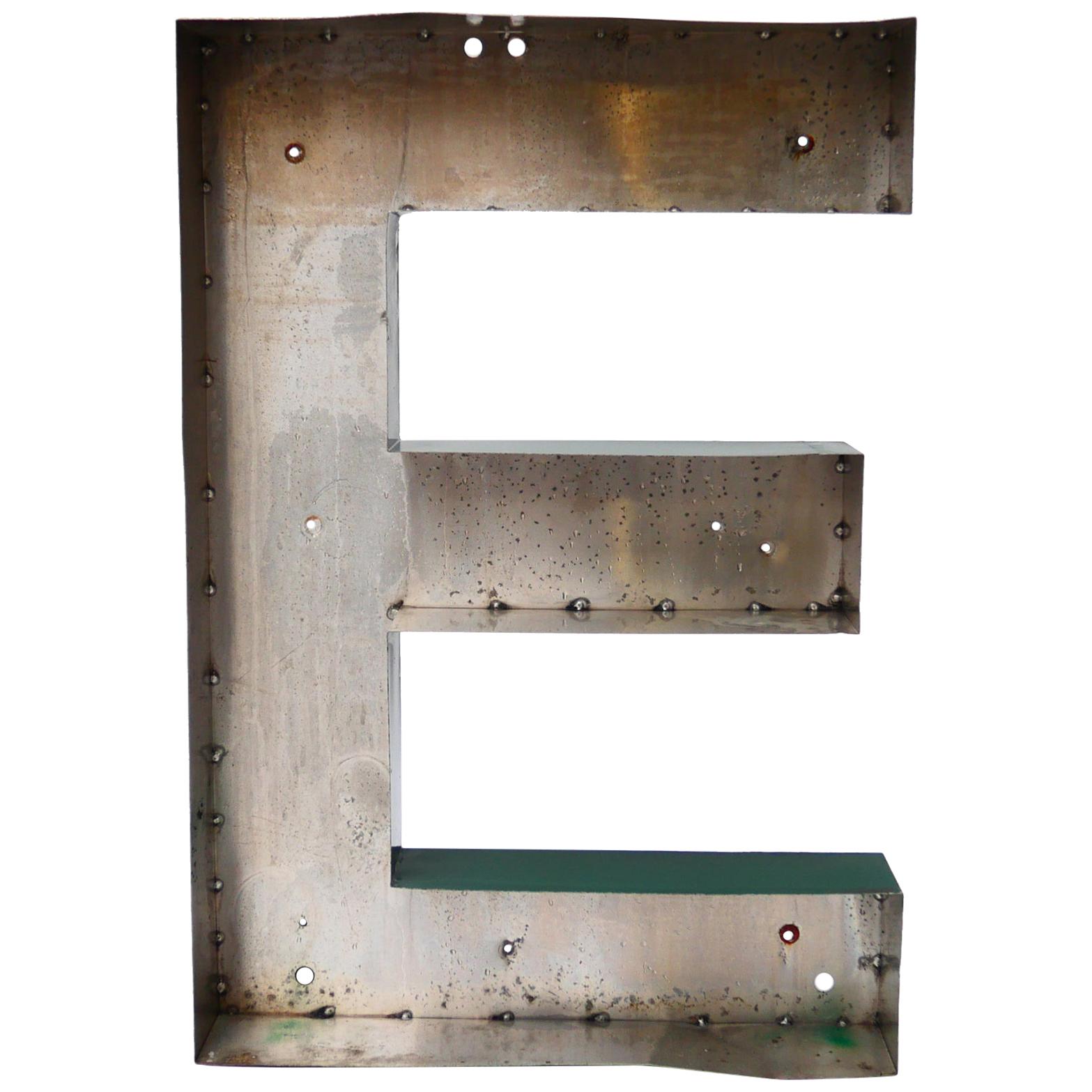 Old Green Letter E of Signboard Made of Zinc, France, circa 1960-1969