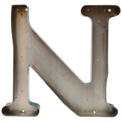 Old Green Letter N of Signboard Made of Zinc, France, circa 1960-1969