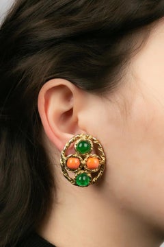 Old Gripoix Earrings in Gold Metal and Glass Paste