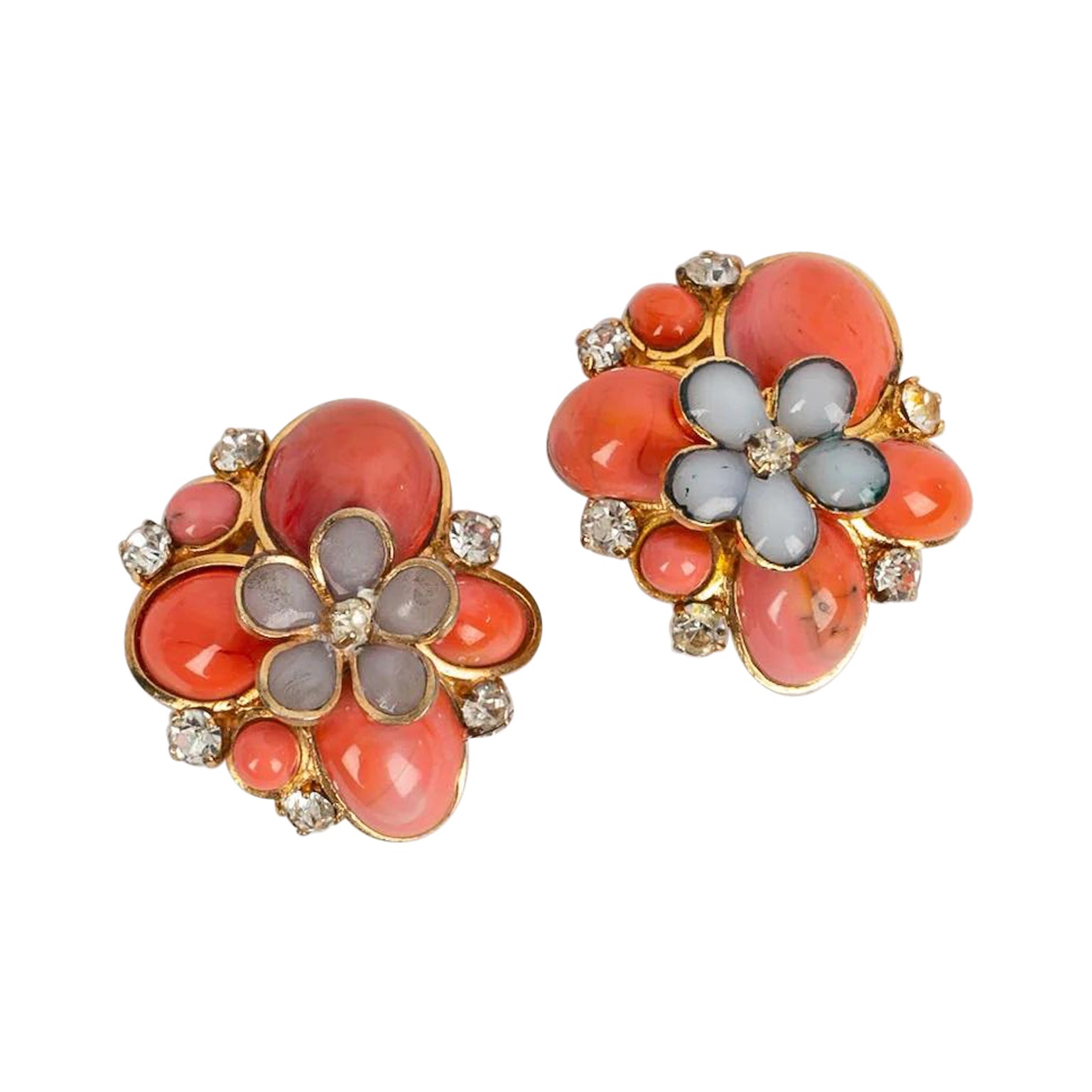 Old Gripoix Flower Earrings in Gold Metal and Glass Paste