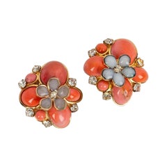 Old Gripoix Flower Earrings in Gold Metal and Glass Paste