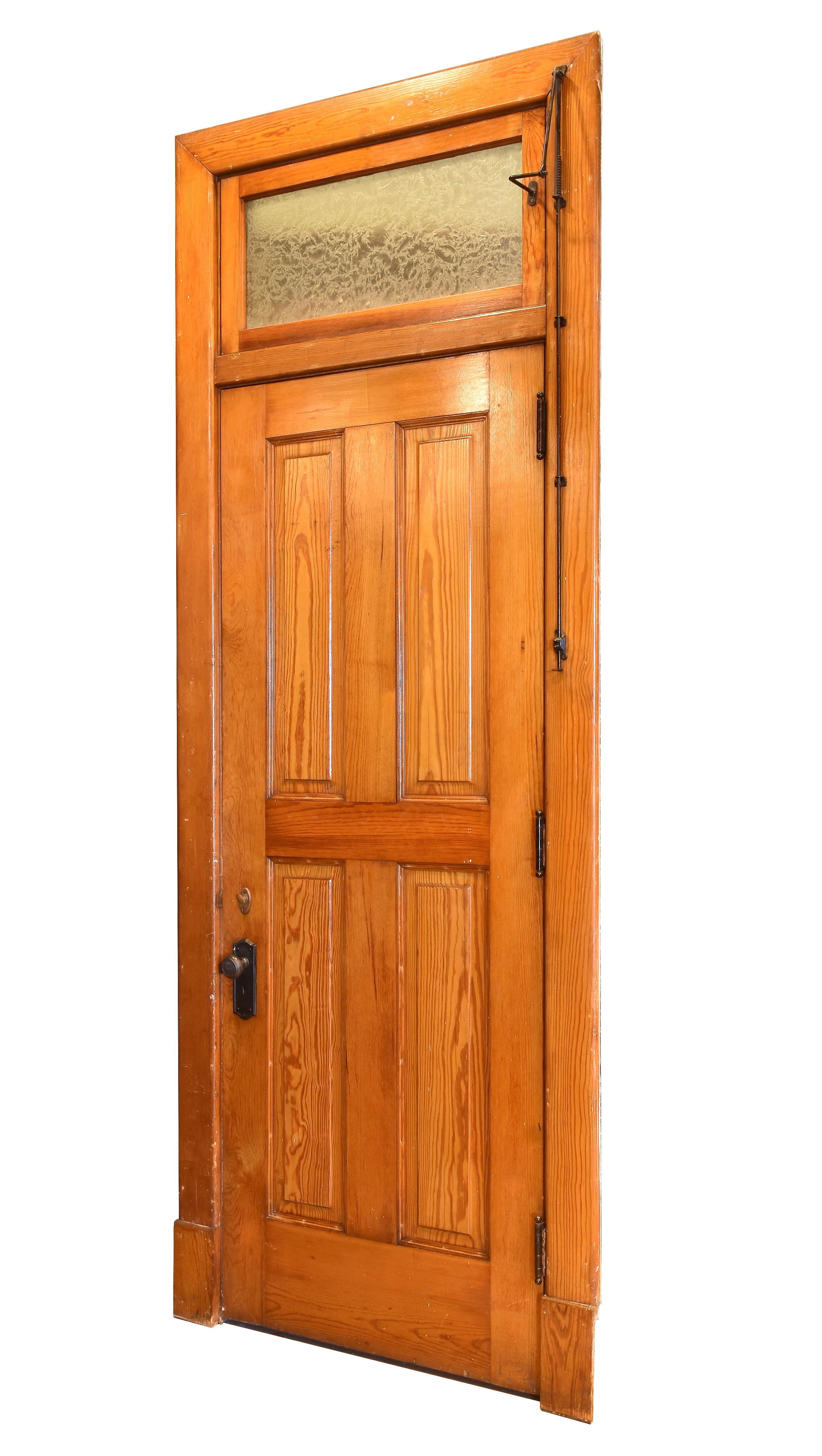 These old growth Douglas Fir Transom door units are uniquely pristine with 4-panel doors, original glue-chip glass and working transom windows. These rare door units would bring great historical character to any room! The original finish, complete