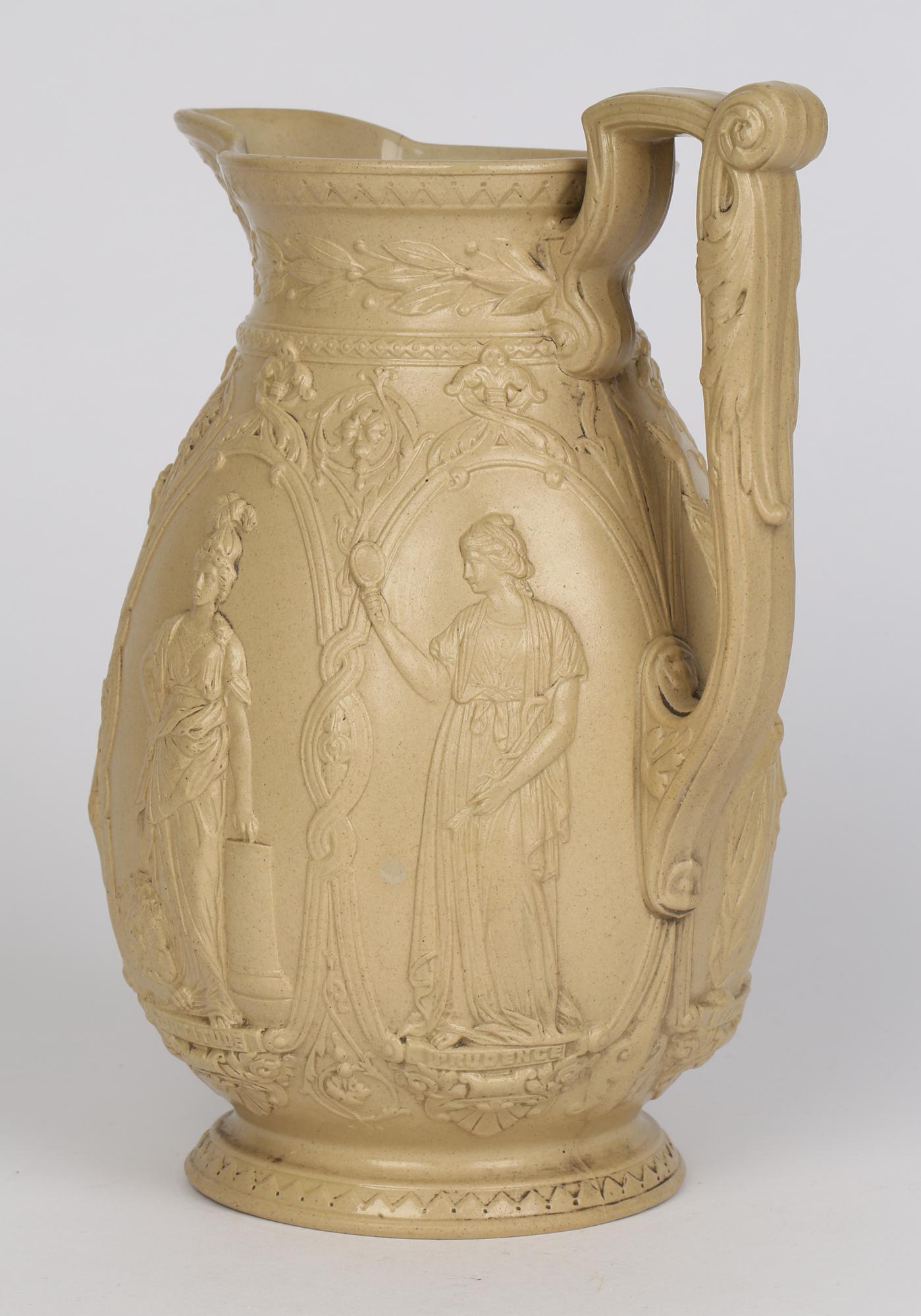 Ancienne cruche en céramique Old Hall Drabware avec des figures de vertus féminines cardinaux en vente 4