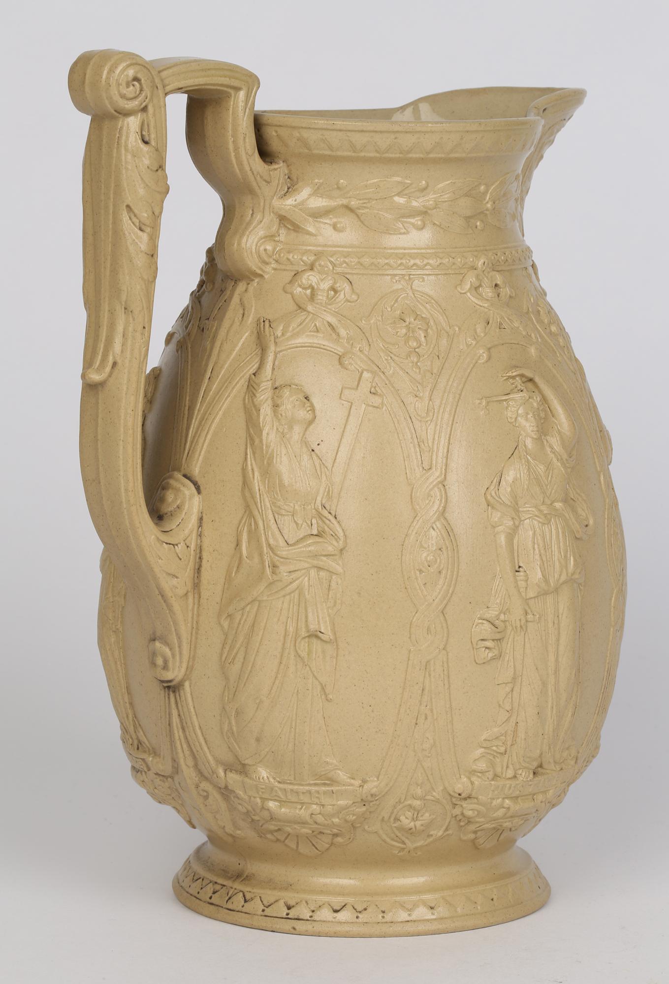 Ancienne cruche en céramique Old Hall Drabware avec des figures de vertus féminines cardinaux en vente 6