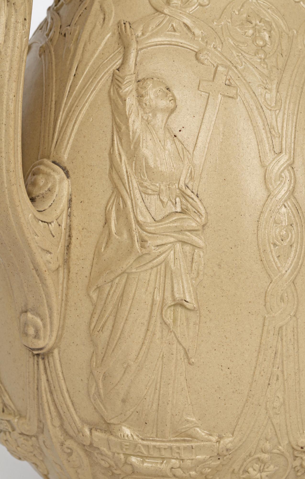 Ancienne cruche en céramique Old Hall Drabware avec des figures de vertus féminines cardinaux en vente 7