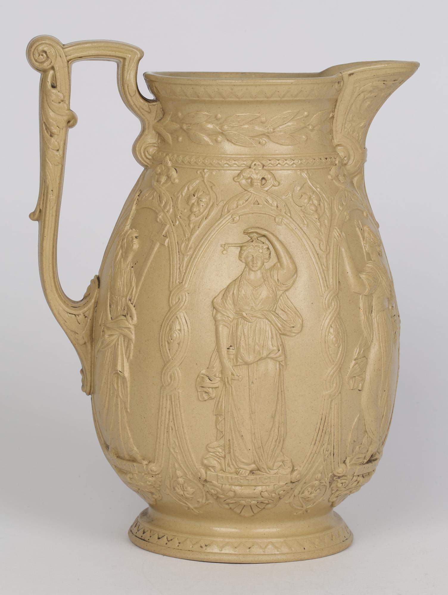Ancienne cruche en céramique Old Hall Drabware avec des figures de vertus féminines cardinaux en vente 8