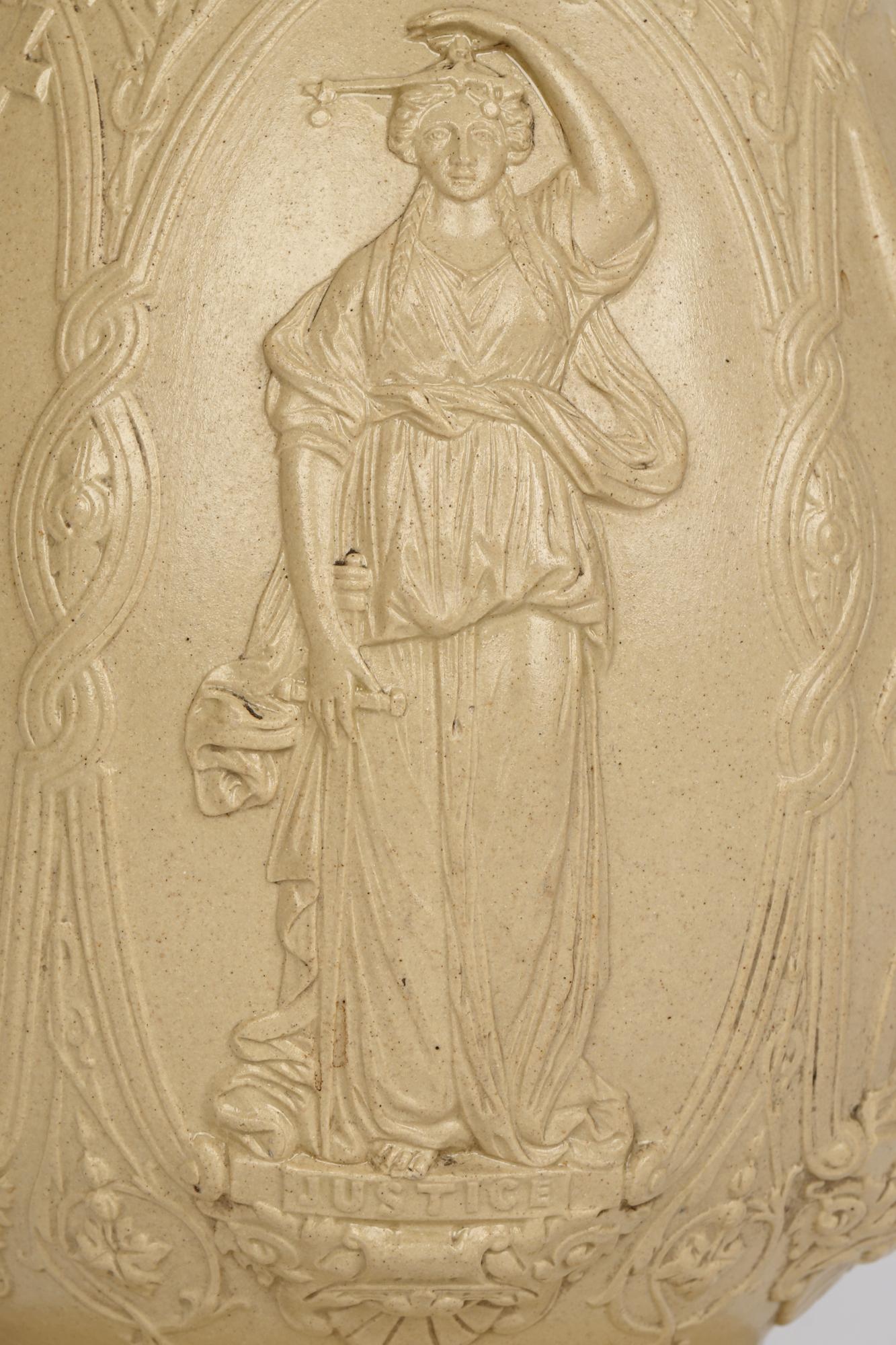 Ancienne cruche en céramique Old Hall Drabware avec des figures de vertus féminines cardinaux en vente 9