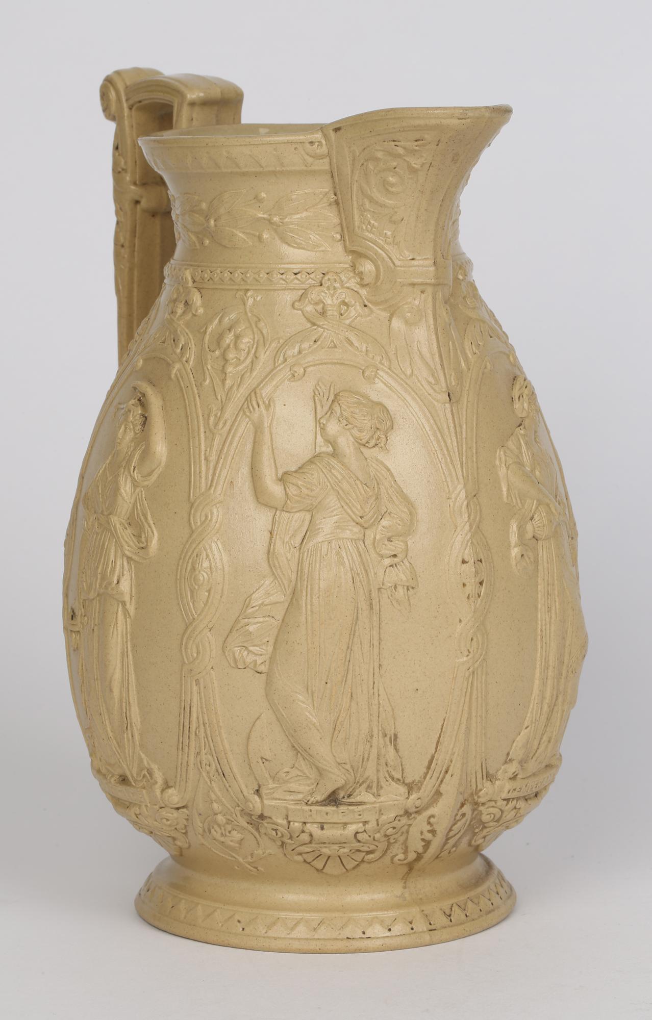 Ancienne cruche en céramique Old Hall Drabware avec des figures de vertus féminines cardinaux en vente 11