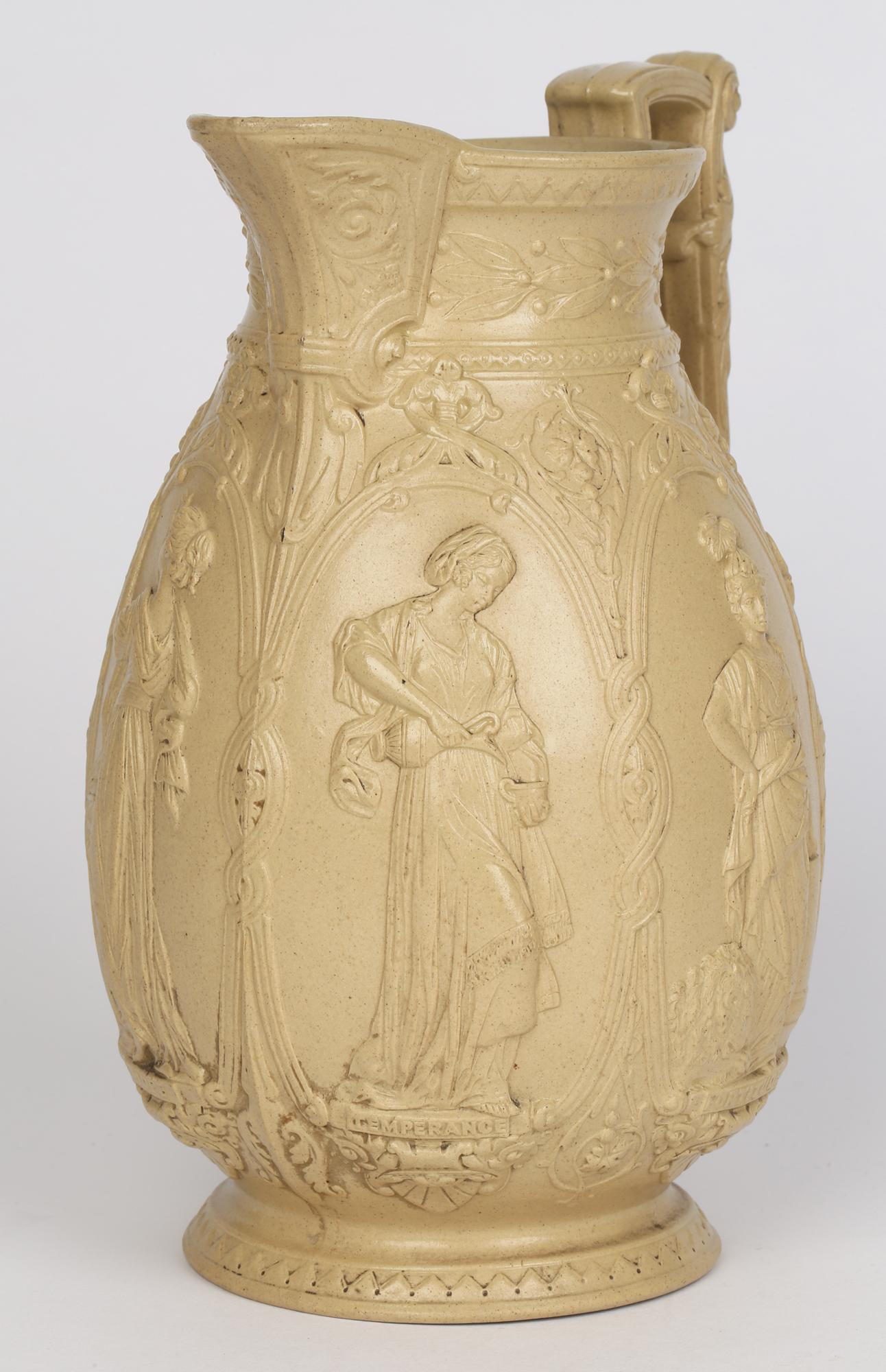 Anglais Ancienne cruche en céramique Old Hall Drabware avec des figures de vertus féminines cardinaux en vente
