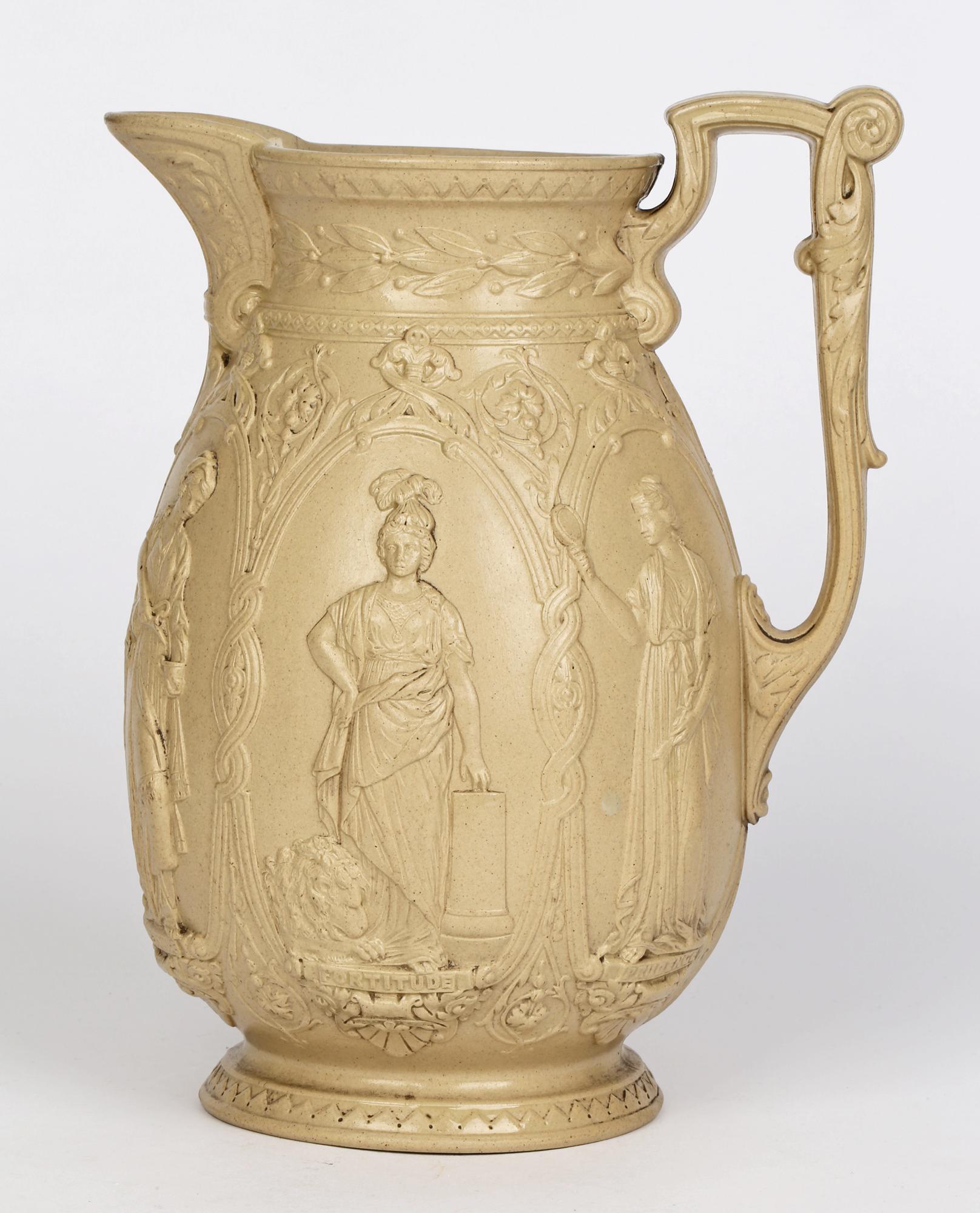 Poterie Ancienne cruche en céramique Old Hall Drabware avec des figures de vertus féminines cardinaux en vente