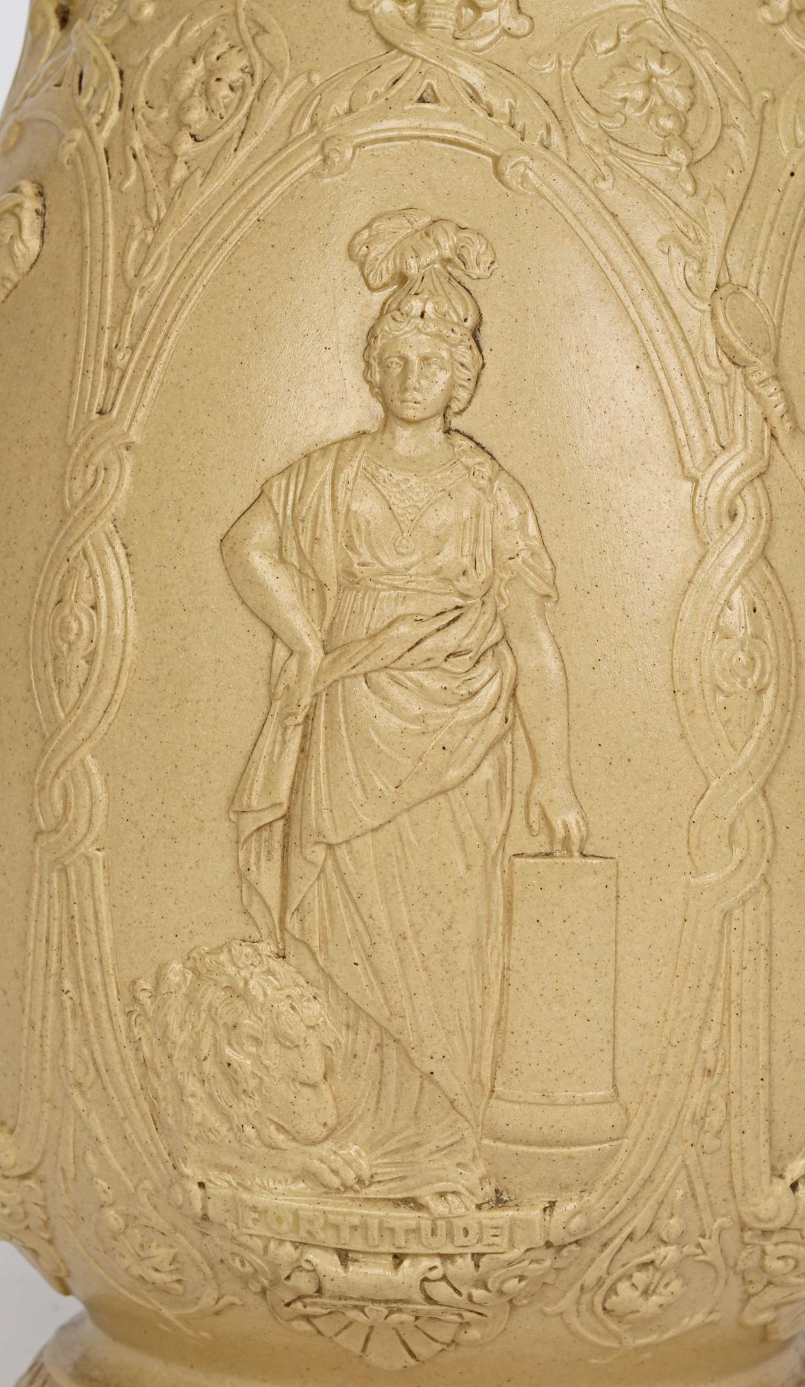 Ancienne cruche en céramique Old Hall Drabware avec des figures de vertus féminines cardinaux en vente 1