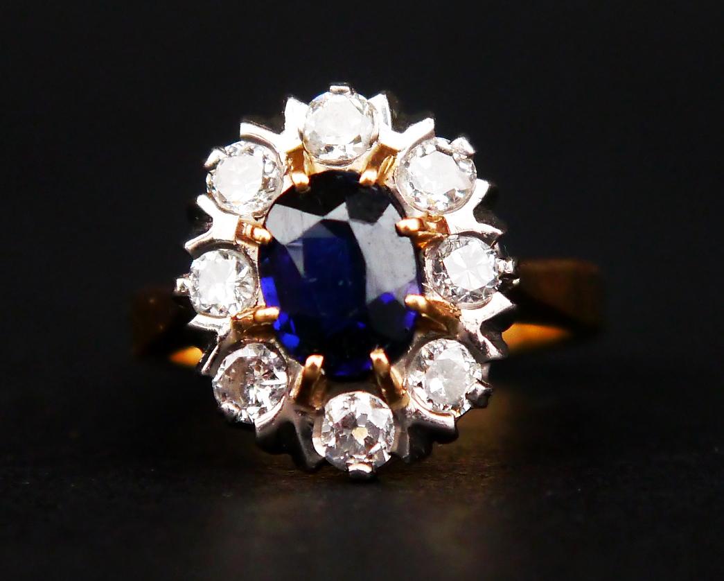 Old Halo Ring natural 1.25ct Sapphire 1ctw Diamonds solid 18K Gold Ø4.5US /5gr. For Sale 5