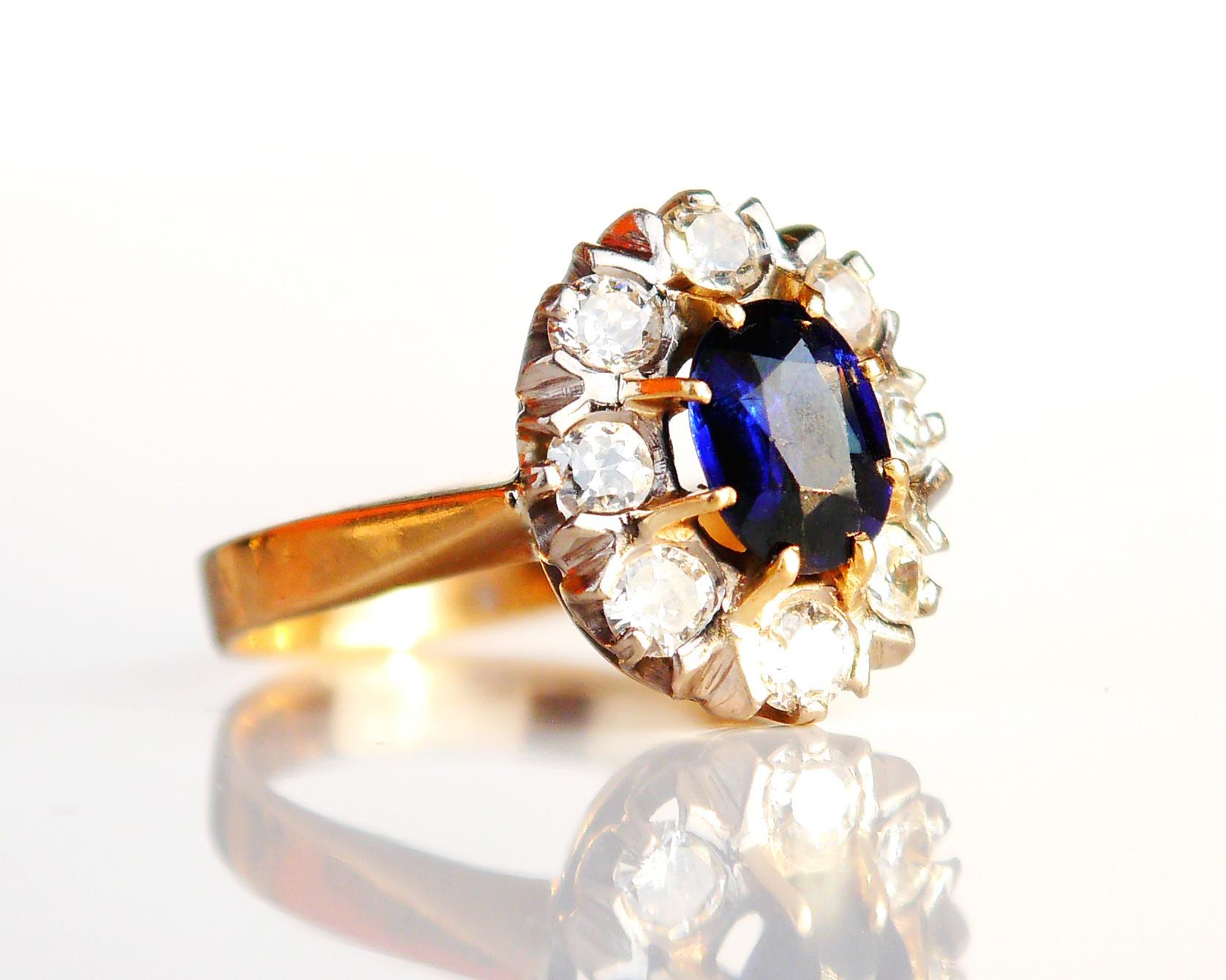 Art Deco Old Halo Ring natural 1.25ct Sapphire 1ctw Diamonds solid 18K Gold Ø4.5US /5gr. For Sale