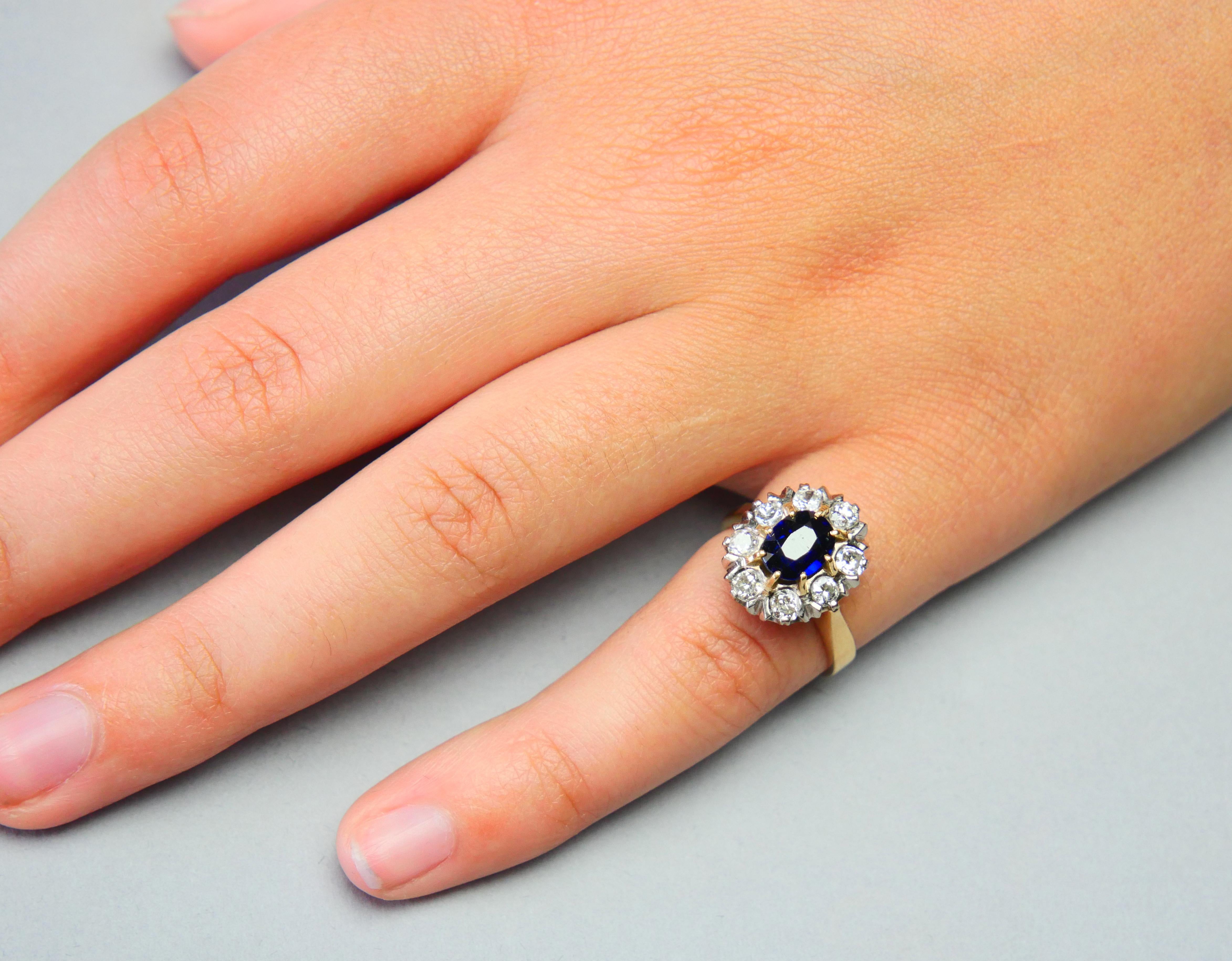 Oval Cut Old Halo Ring natural 1.25ct Sapphire 1ctw Diamonds solid 18K Gold Ø4.5US /5gr. For Sale