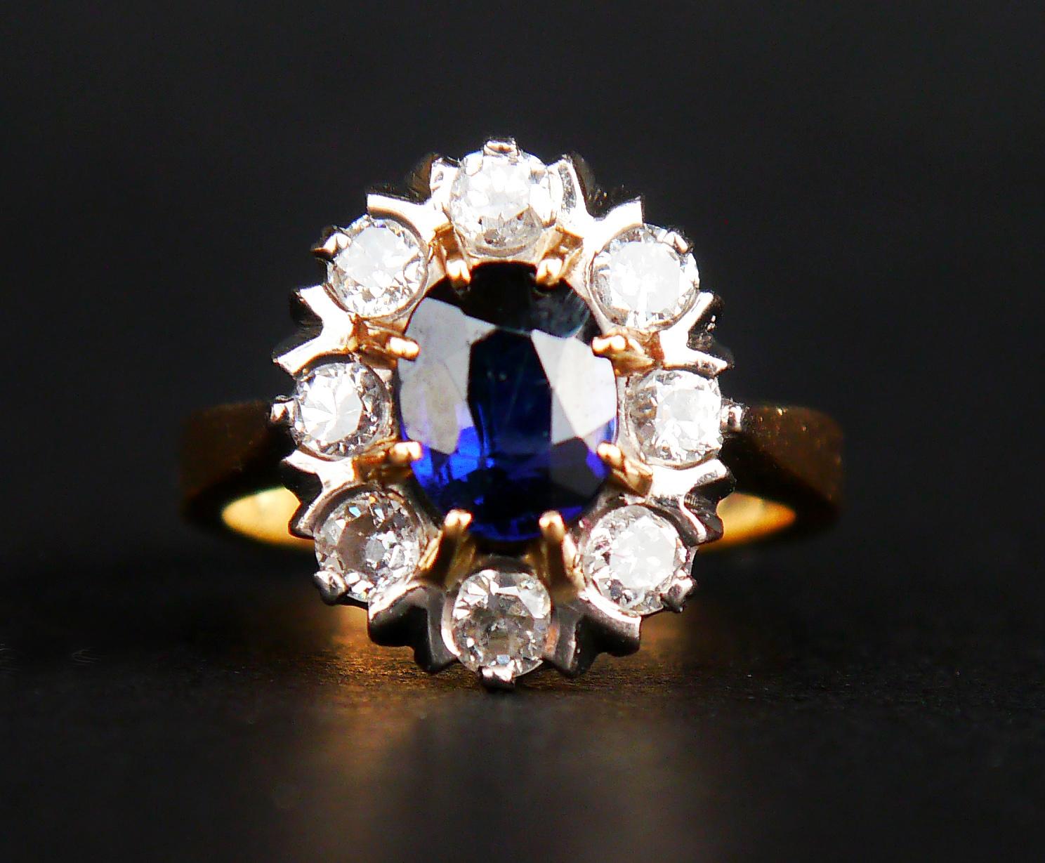 Old Halo Ring natural 1.25ct Sapphire 1ctw Diamonds solid 18K Gold Ø4.5US /5gr. For Sale 4