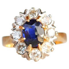 Old Halo Ring natural 1.25ct Sapphire 1ctw Diamonds solid 18K Gold Ø4.5US /5gr.